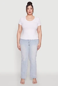 Womens Plus Size Ribbed Lace Detail Lettuce Edge Top, White, Size 3X