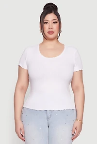 Womens Plus Size Ribbed Lace Detail Lettuce Edge Top, White, Size 3X