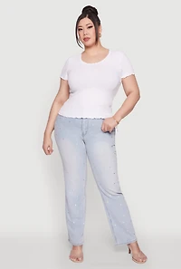 Womens Plus Size Ribbed Lace Detail Lettuce Edge Top, White, Size 3X
