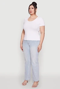 Womens Plus Size Ribbed Lace Detail Lettuce Edge Top, White, Size 3X