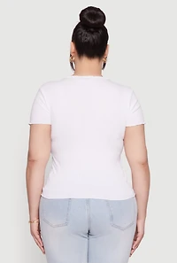 Womens Plus Size Ribbed Lace Detail Lettuce Edge Top, White, Size 3X