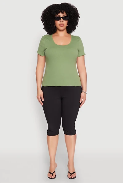 Womens Plus Ribbed Lace Detail Lettuce Edge Top, 1X