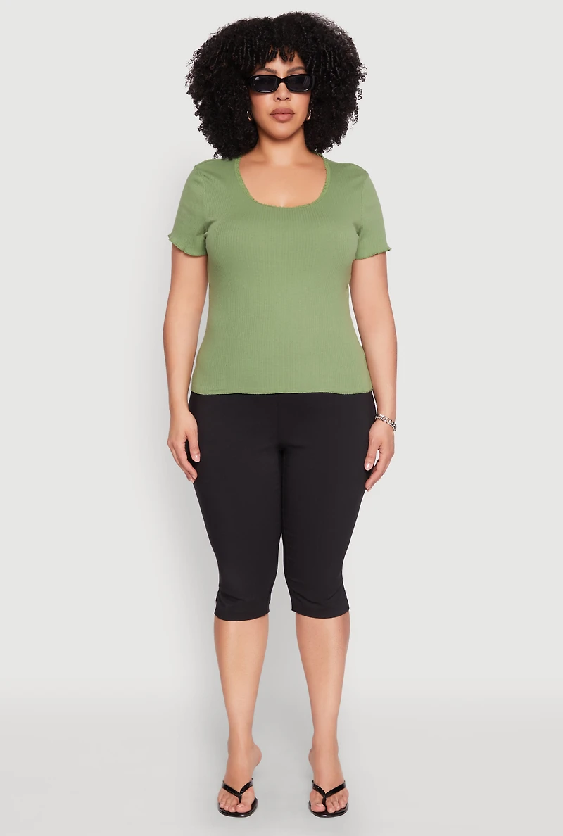 Womens Plus Size Ribbed Lace Detail Lettuce Edge Top, Green, Size 3X