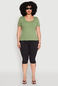 Womens Plus Size Ribbed Lace Detail Lettuce Edge Top, Green, Size 3X