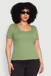 Womens Plus Ribbed Lace Detail Lettuce Edge Top, 1X