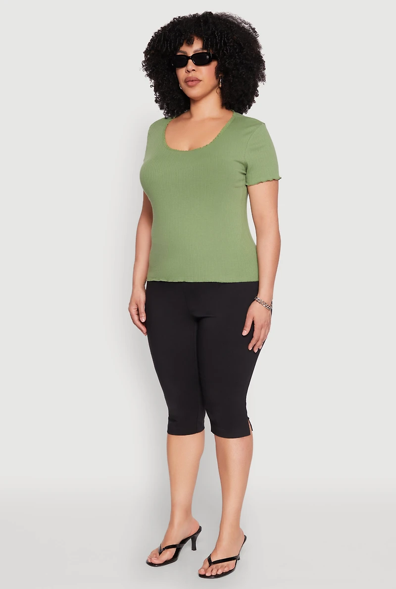 Womens Plus Ribbed Lace Detail Lettuce Edge Top, 1X