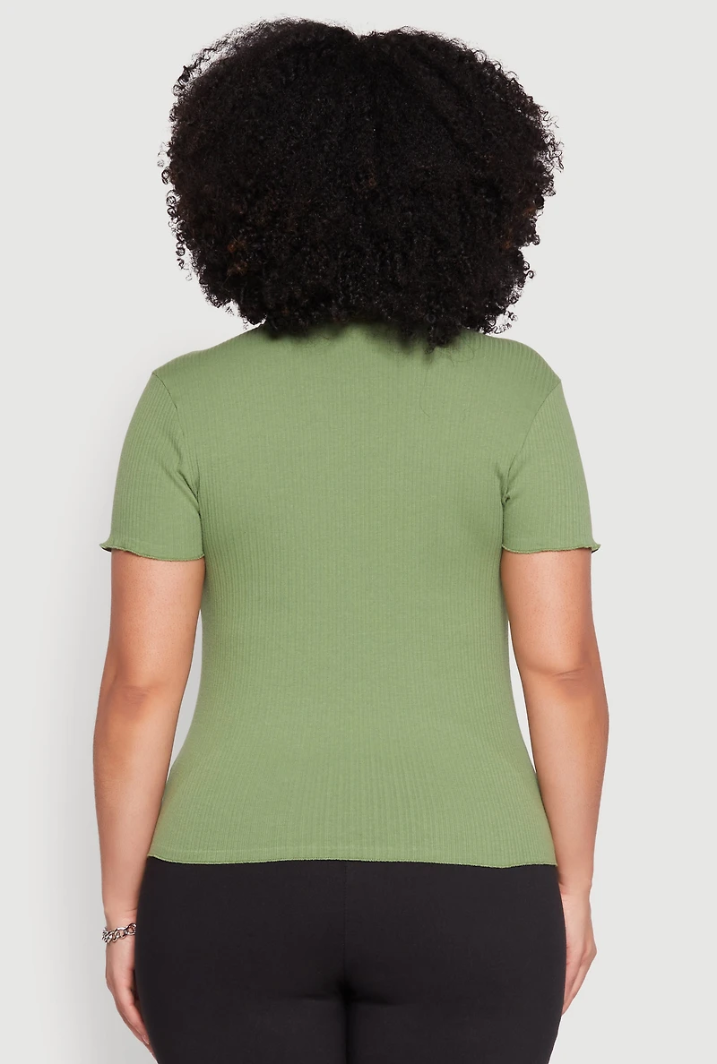 Womens Plus Ribbed Lace Detail Lettuce Edge Top, 1X
