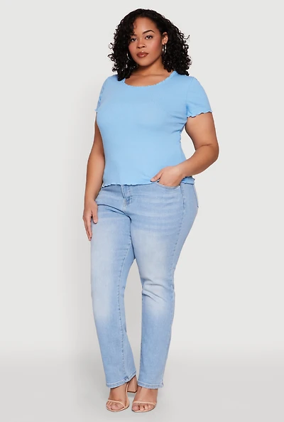 Womens Plus Ribbed Lace Detail Lettuce Edge Top, Blue,