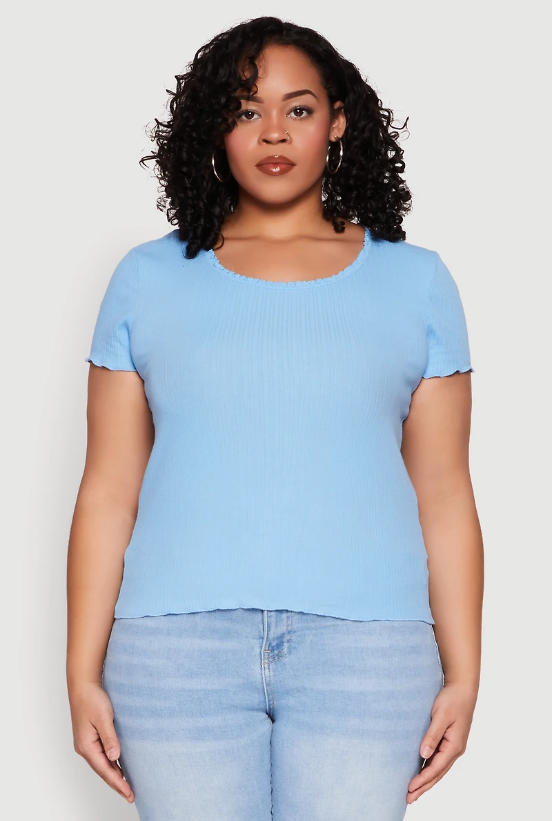 Womens Plus Ribbed Lace Detail Lettuce Edge Top, Blue,