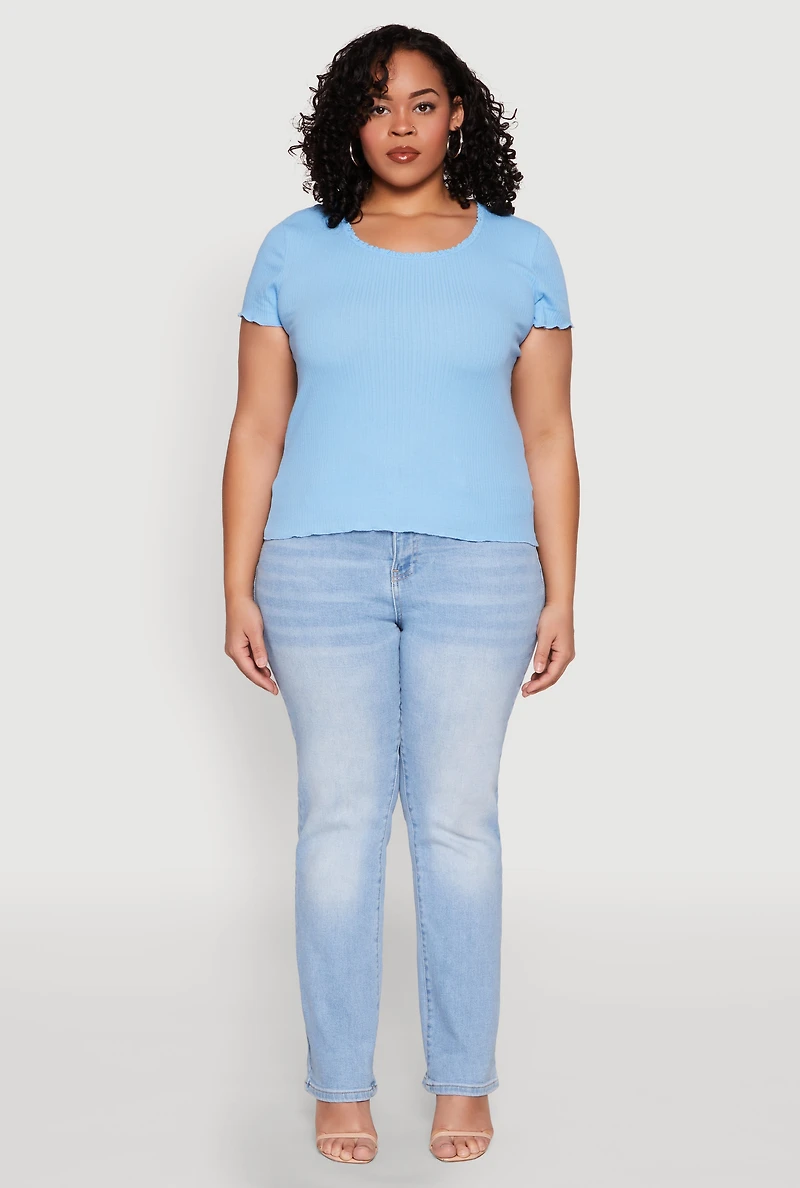 Womens Plus Ribbed Lace Detail Lettuce Edge Top, Blue,