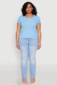 Womens Plus Ribbed Lace Detail Lettuce Edge Top, Blue,