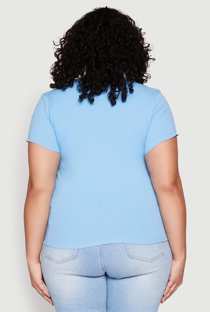 Womens Plus Ribbed Lace Detail Lettuce Edge Top, Blue,