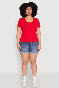 Womens Plus Size Ribbed Lace Detail Lettuce Edge Top, Red, Size 3X