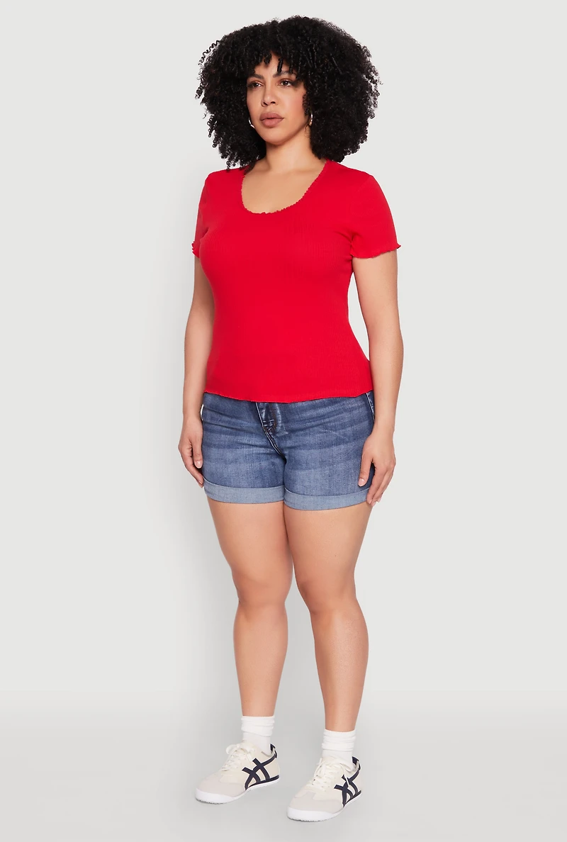 Womens Plus Size Ribbed Lace Detail Lettuce Edge Top, Red, Size 3X