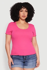 Womens Plus Size Ribbed Lace Detail Lettuce Edge Top, Pink, Size 2X