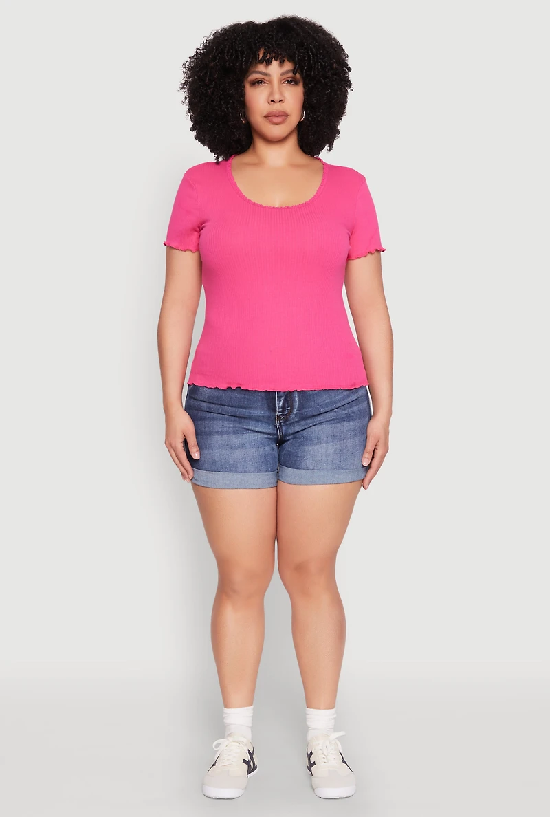 Womens Plus Size Ribbed Lace Detail Lettuce Edge Top, Pink, Size 2X