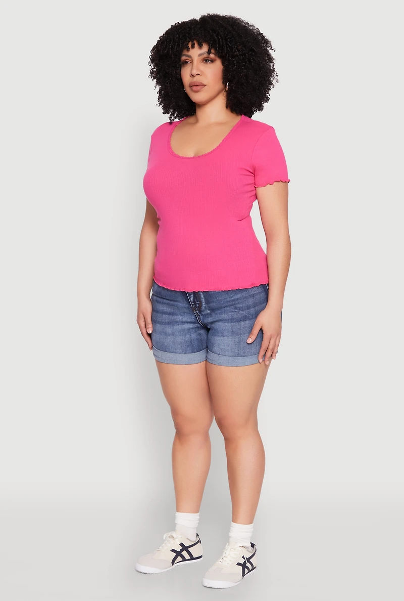 Womens Plus Size Ribbed Lace Detail Lettuce Edge Top, Pink, Size 2X