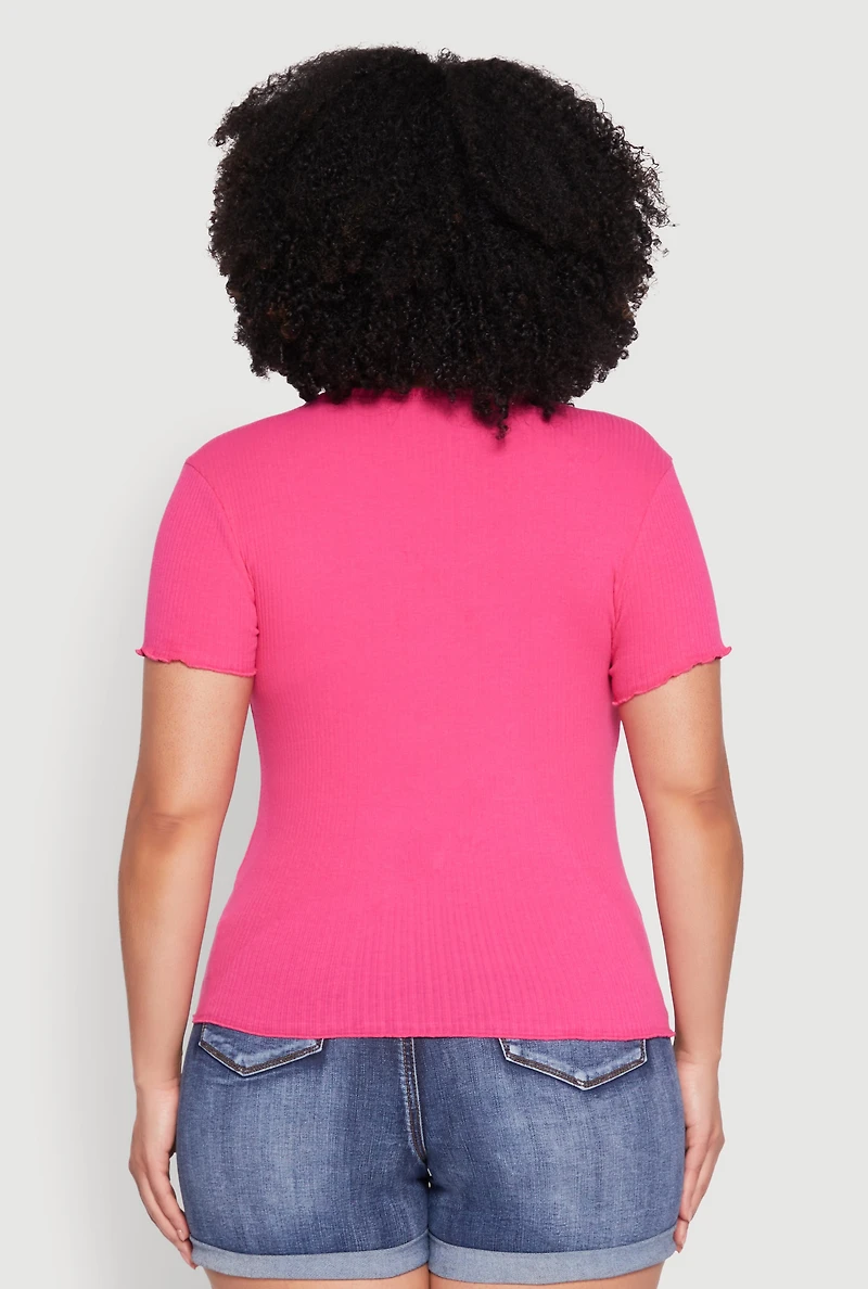 Womens Plus Size Ribbed Lace Detail Lettuce Edge Top, Pink, Size 2X