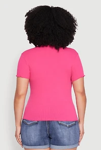 Womens Plus Size Ribbed Lace Detail Lettuce Edge Top, Pink, Size 2X