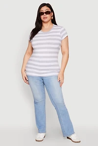 Womens Plus Size Striped Crew Neck Tee, Grey, Size 3X