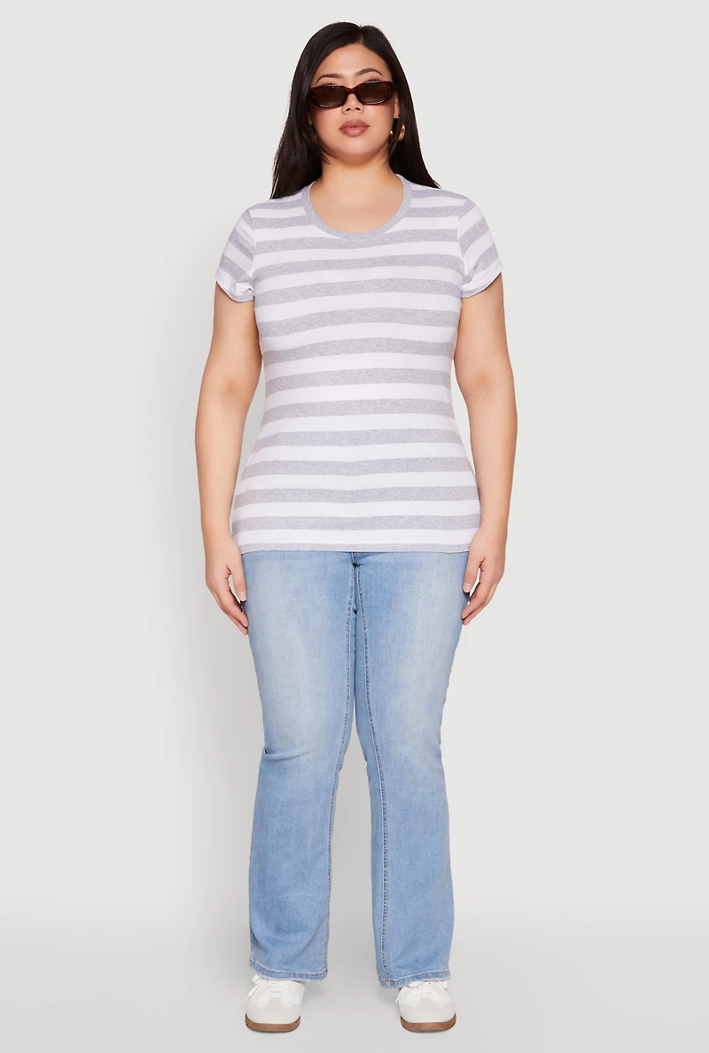Womens Plus Size Striped Crew Neck Tee, Grey, Size 3X