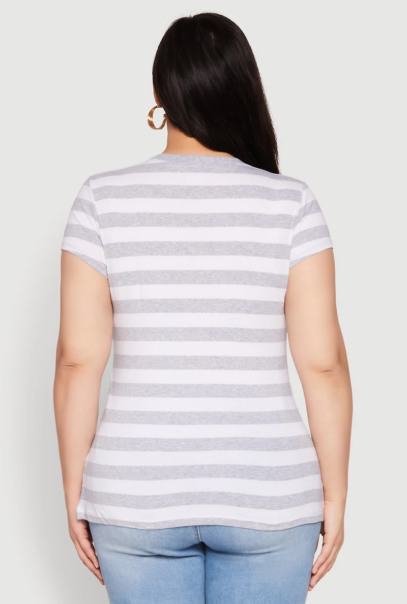 Womens Plus Size Striped Crew Neck Tee, Grey, Size 3X