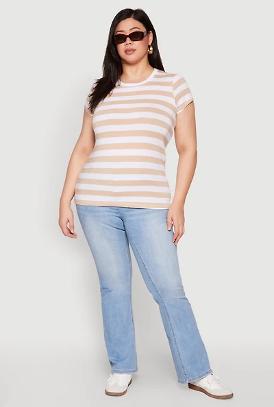 Womens Plus Striped Crew Neck Tee,