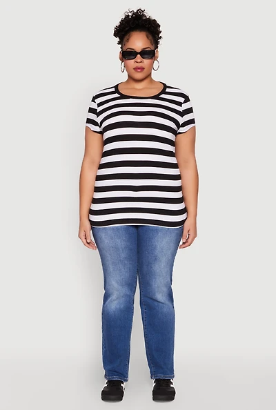 Womens Plus Striped Crew Neck Tee,
