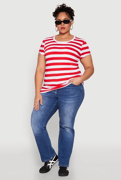 Womens Plus Size Striped Crew Neck Tee, Red, Size 2X