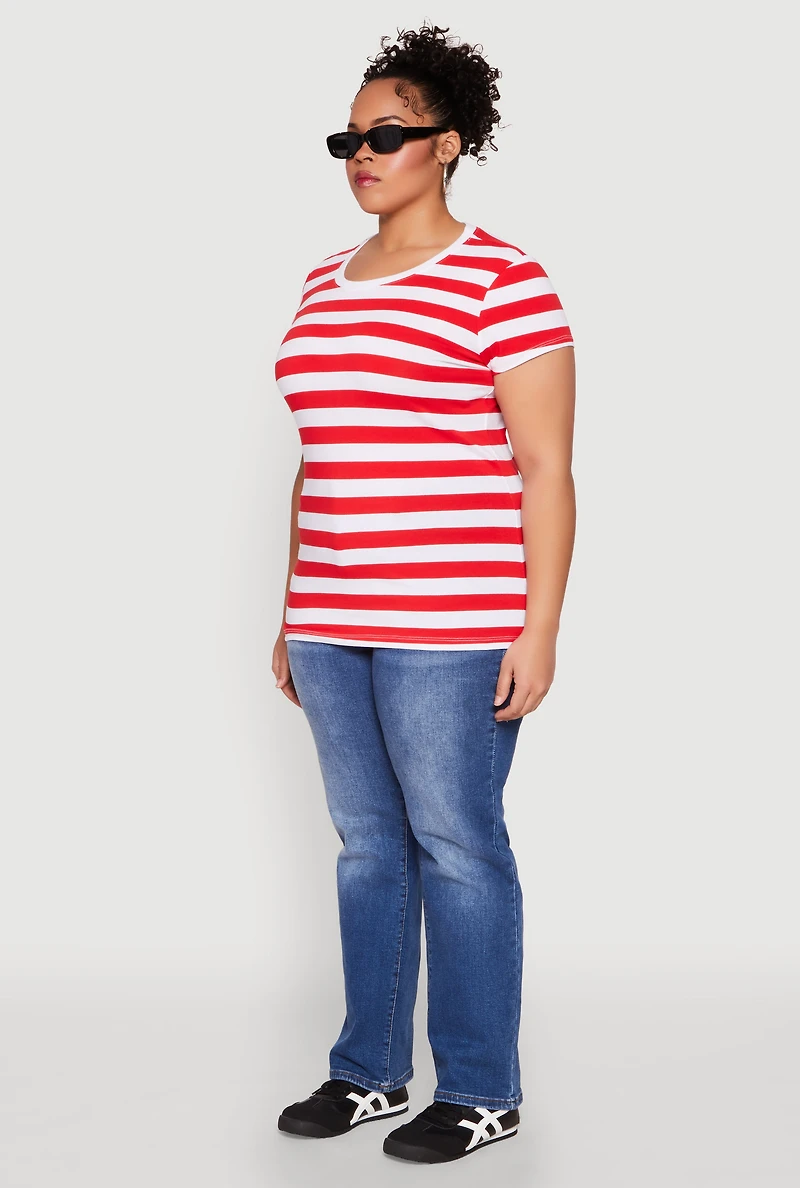 Womens Plus Size Striped Crew Neck Tee, Red, Size 2X