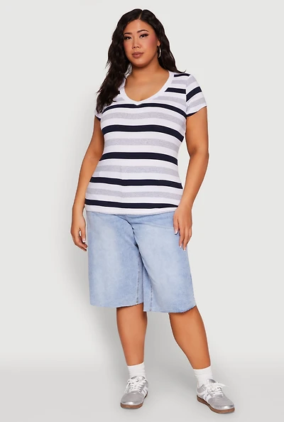 Womens Plus Striped V Neck Tee, Multi,
