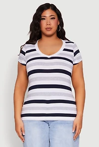 Womens Plus Striped V Neck Tee, Multi,