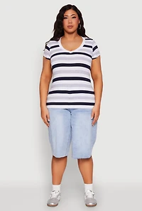 Womens Plus Striped V Neck Tee, Multi,