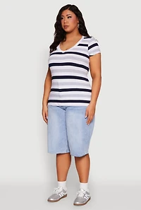 Womens Plus Striped V Neck Tee, Multi,