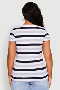 Womens Plus Striped V Neck Tee, Multi,