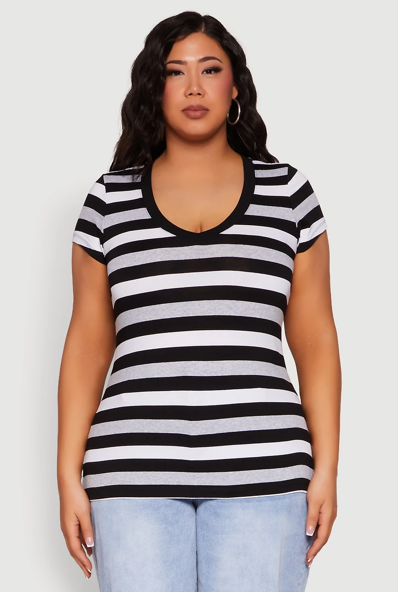 Womens Plus Size Striped V Neck Tee, Multi, Size 3X