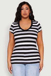 Womens Plus Size Striped V Neck Tee, Multi, Size 3X