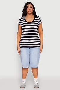 Womens Plus Size Striped V Neck Tee, Multi, Size 3X