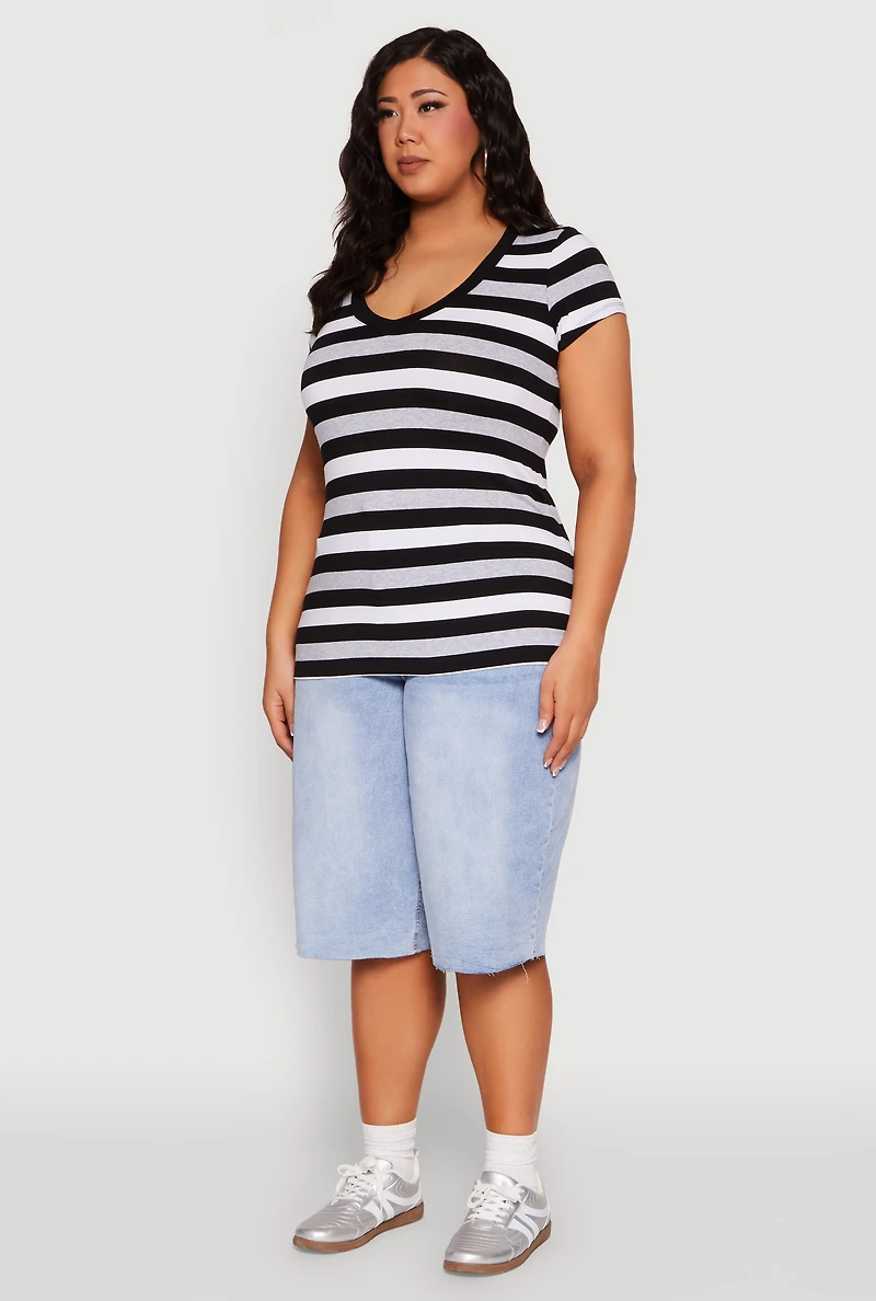 Womens Plus Size Striped V Neck Tee, Multi, Size 3X