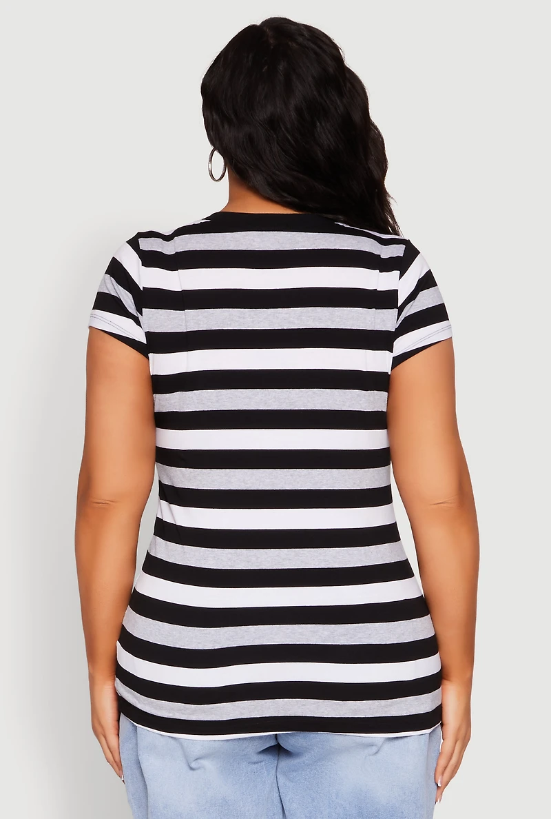 Womens Plus Size Striped V Neck Tee, Multi, Size 3X