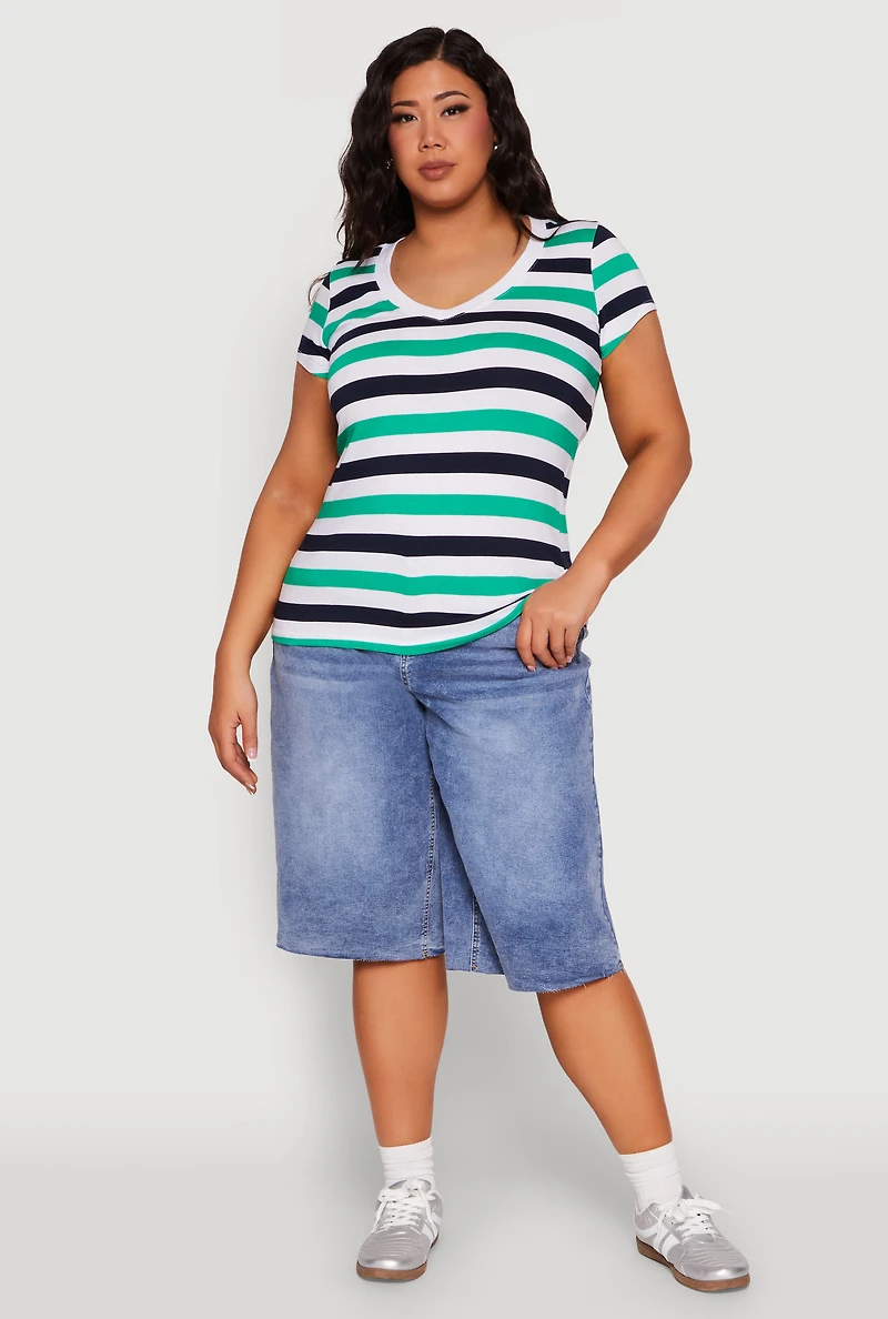 Plus Striped V Neck Tee