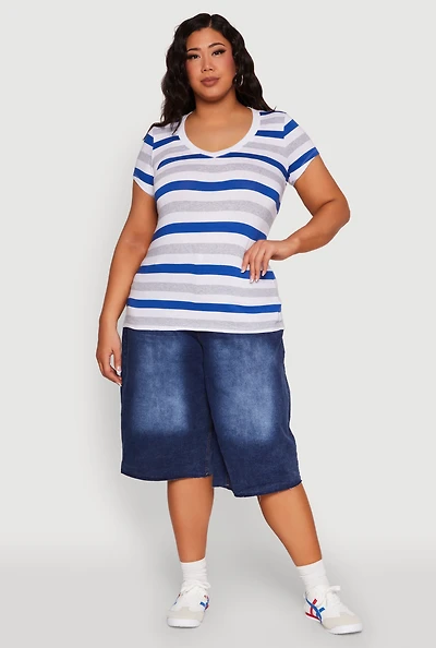 Womens Plus Striped V Neck Tee, Multi,