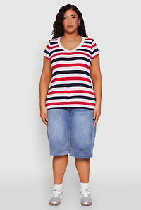 Womens Plus Striped V Neck Tee, Multi,