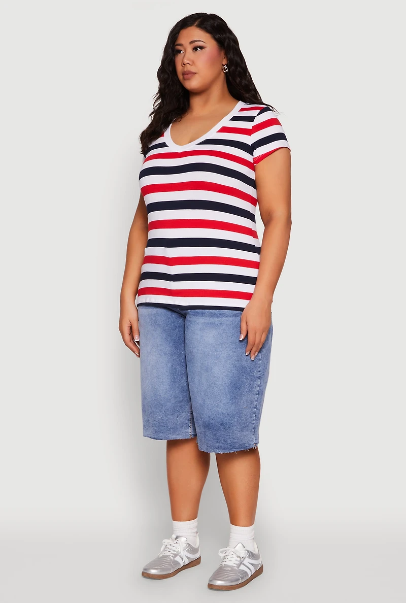 Womens Plus Striped V Neck Tee, Multi,