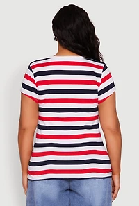 Womens Plus Striped V Neck Tee, Multi,