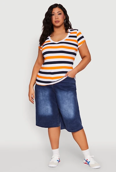 Womens Plus Striped V Neck Tee, Multi,