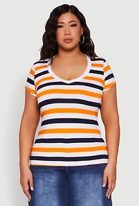 Womens Plus Striped V Neck Tee, Multi,