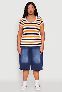 Womens Plus Striped V Neck Tee, Multi,