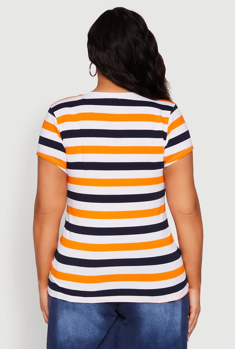 Womens Plus Striped V Neck Tee, Multi,
