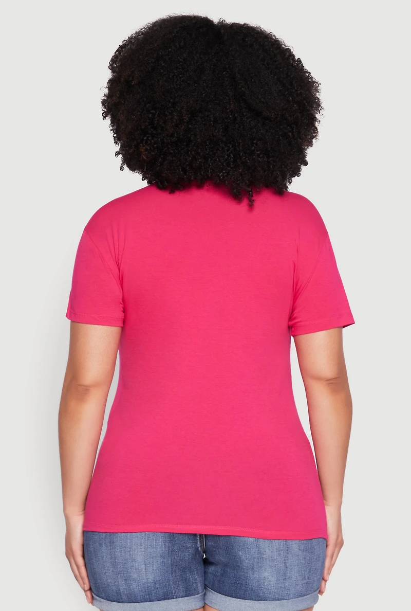 Womens Plus Size V Neck Short Sleeve Top, Pink, Size 2X